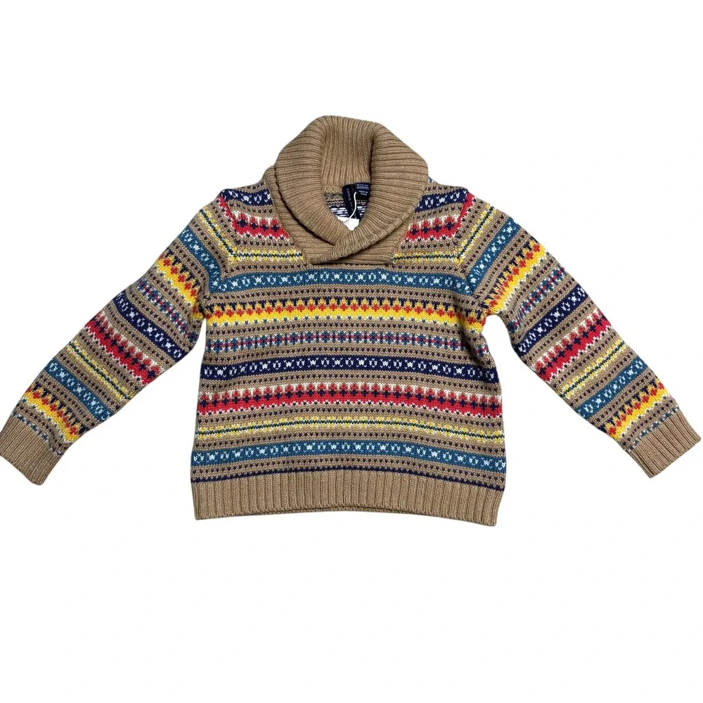 Janie and Jack Kids Fair Isle‎ Shawl Collar Sweater Tan Multi Color 18 24 Months